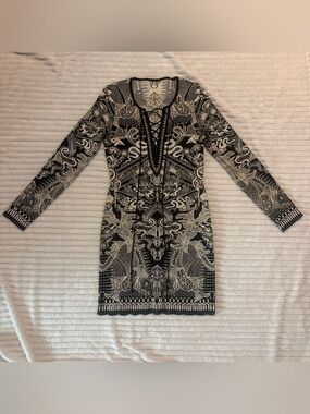 Roberto Cavalli Black and White Lace-Up Long Sleeve Bodycon Dress
